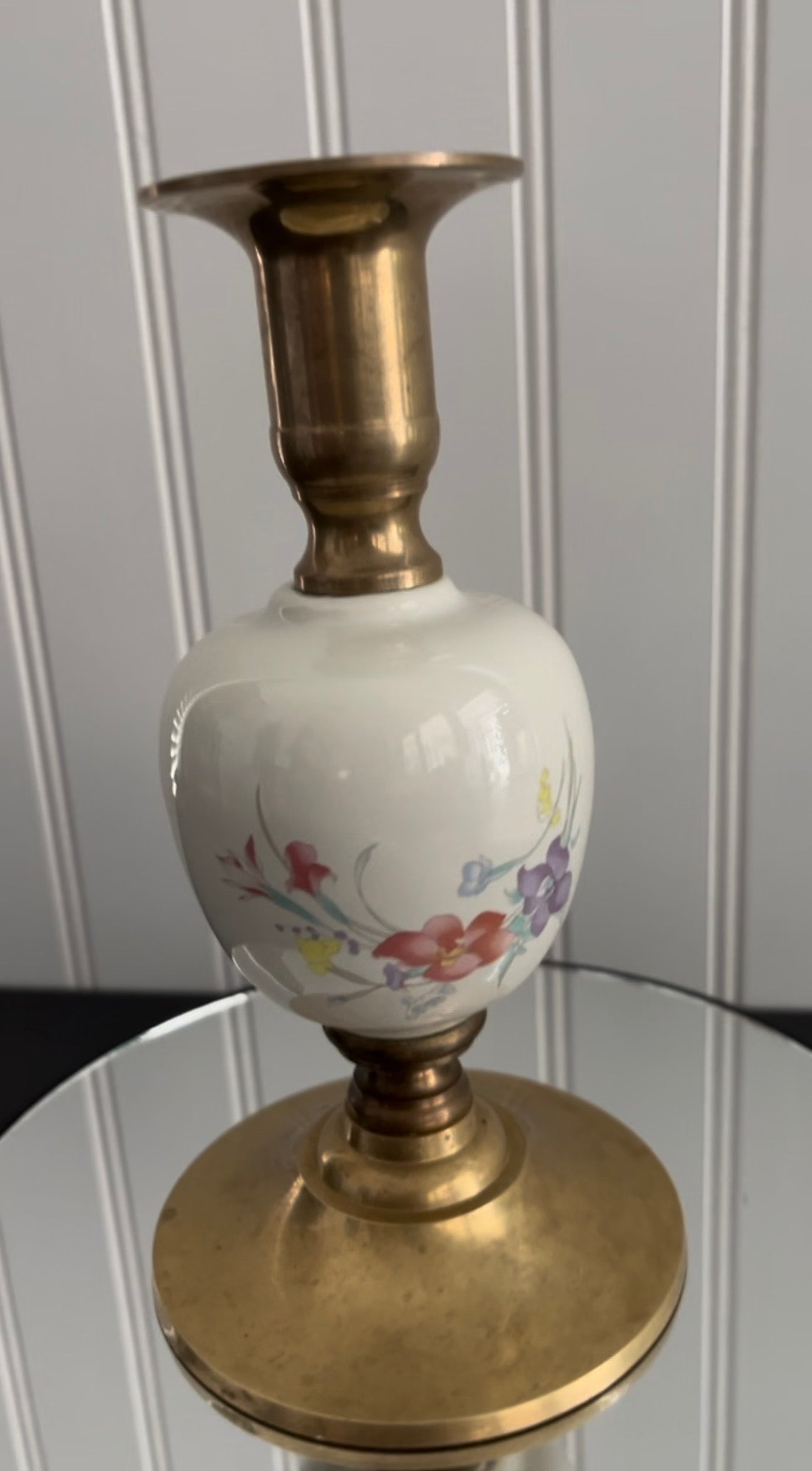 Vintage c.1980s Brass & Porcelain Floral Candlestick Holder | Cottagecore Taper Candle Decor