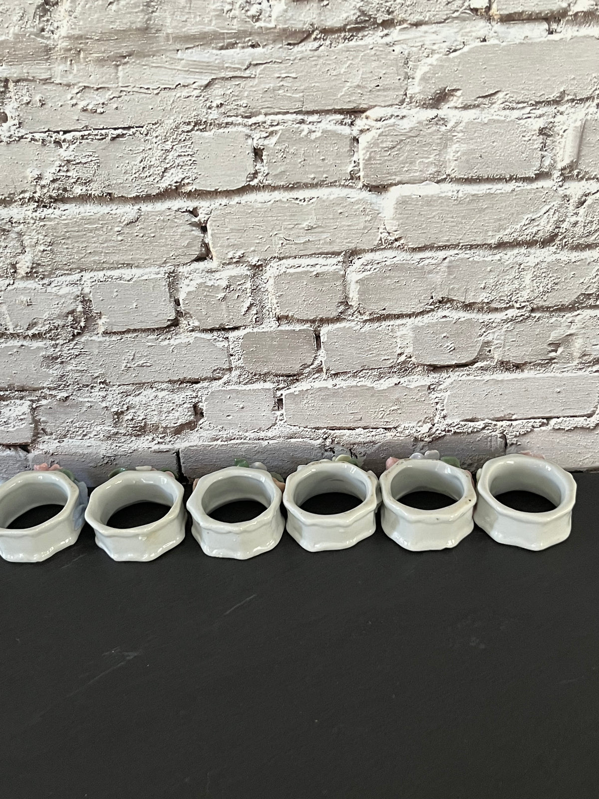 Vintage 1980s Glazed Porcelain Sculpted Floral Napkin Rings – Set of 6 Pastel 3D Flowers & Ribbons