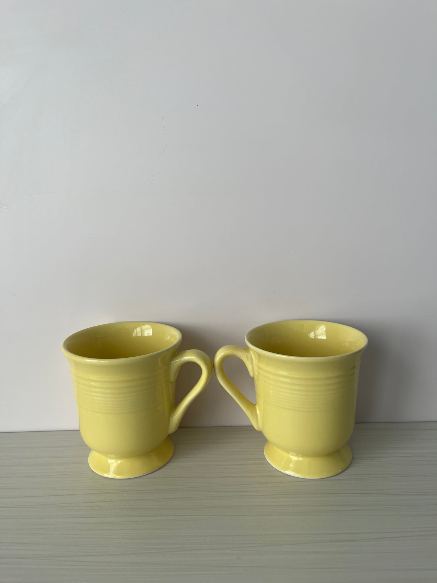 1990s Gibson Everyday Yellow Pedestal Coffee Mugs – Set of 2 Ribbed Footed Stoneware Cups