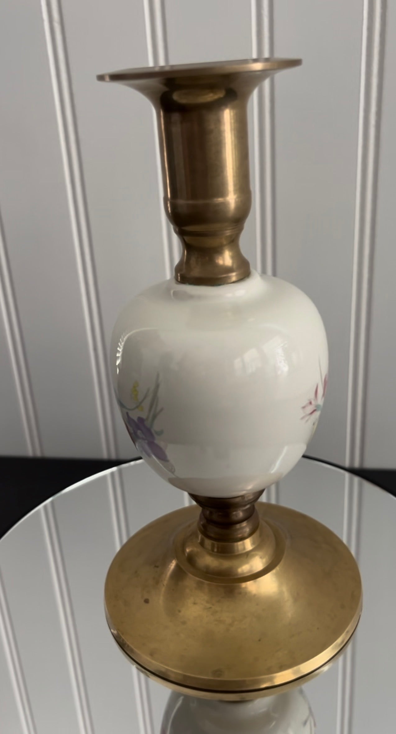 Vintage c.1980s Brass & Porcelain Floral Candlestick Holder | Cottagecore Taper Candle Decor