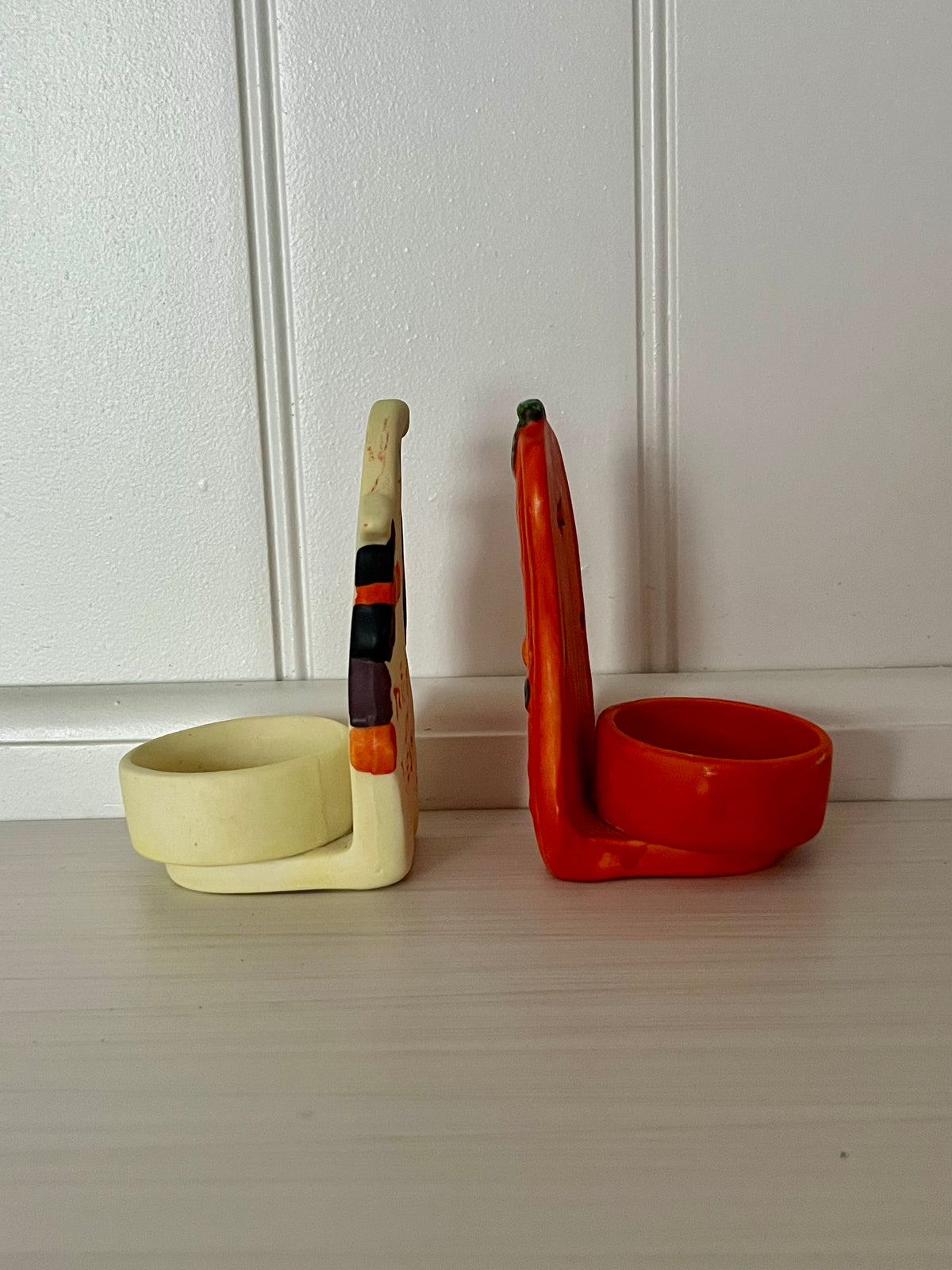 Vintage Trick or Treat! Halloween Ghost & Pumpkin Tealight Candle Holder Pair