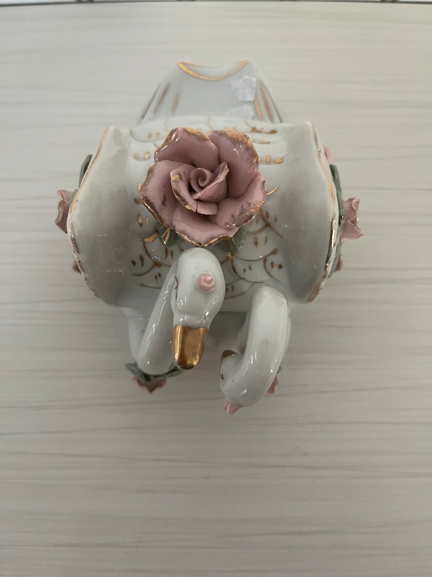 Chinoiserie Chic Vintage Porcelain Double Swan & Pink Rose Trinket Dish with Lid