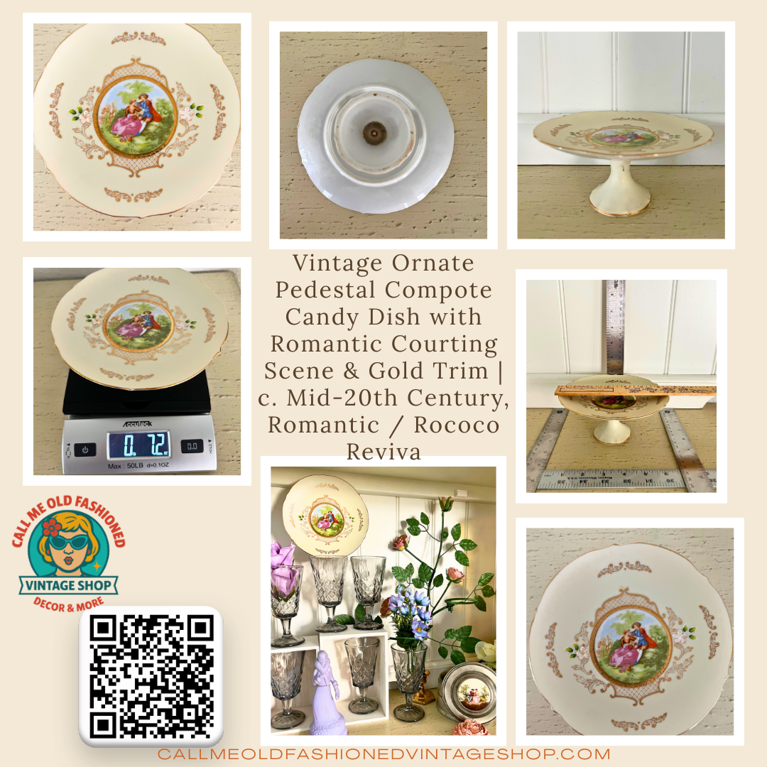 Vintage Ornate Pedestal Compote Candy Dish with Romantic Courting Scene & Gold Trim | c. Mid-20th Century,  Romantic / Rococo Revival