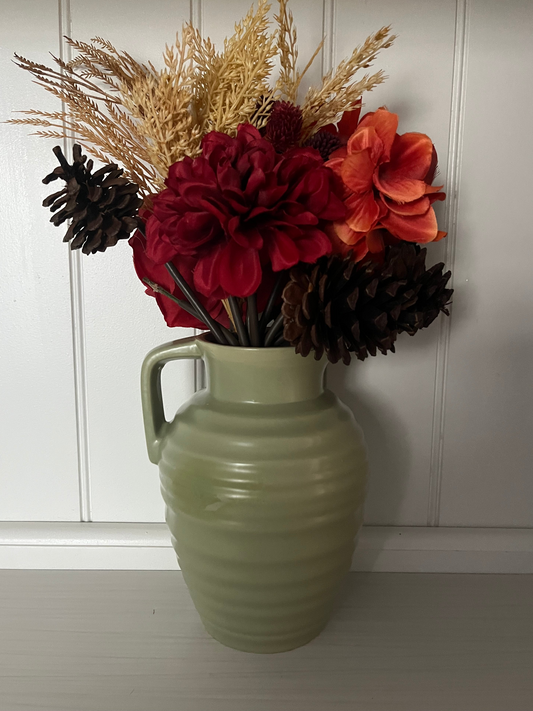 Vintage Sage Green Ribbed Ceramic Pitcher Vase with Handle | Mid-Century Modern Cottage Decor