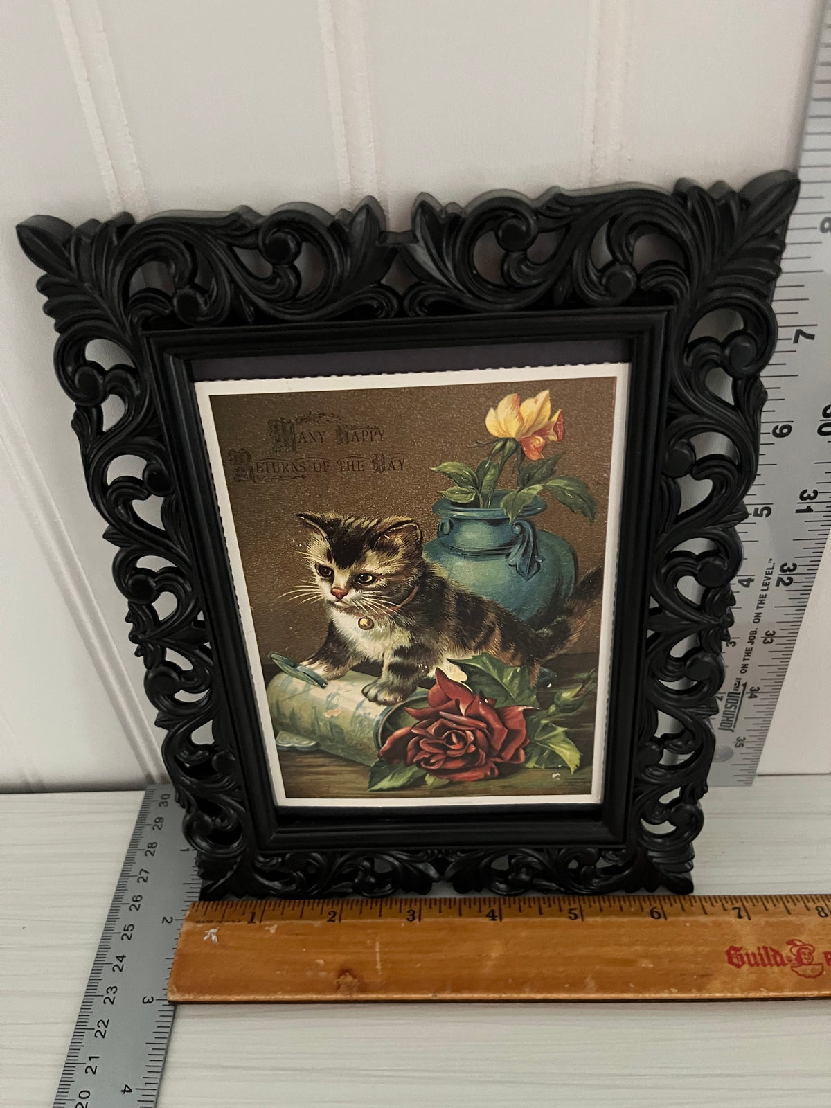 Circa 1970s Victorian/Edwardian Reproduction revival Kitten Postcard in Ornate Scroll Black Plastic Frame | “A Little Bundle of Love” Cat Art