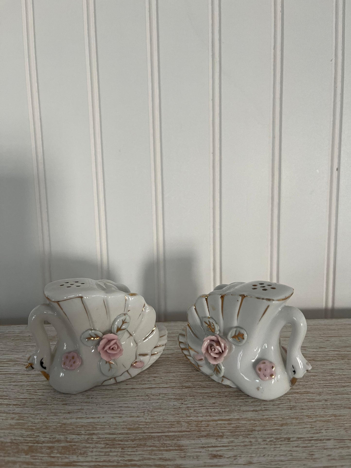 Vintage Swans with Roses Bone China Royal Japan Salt Pepper Shaker Set