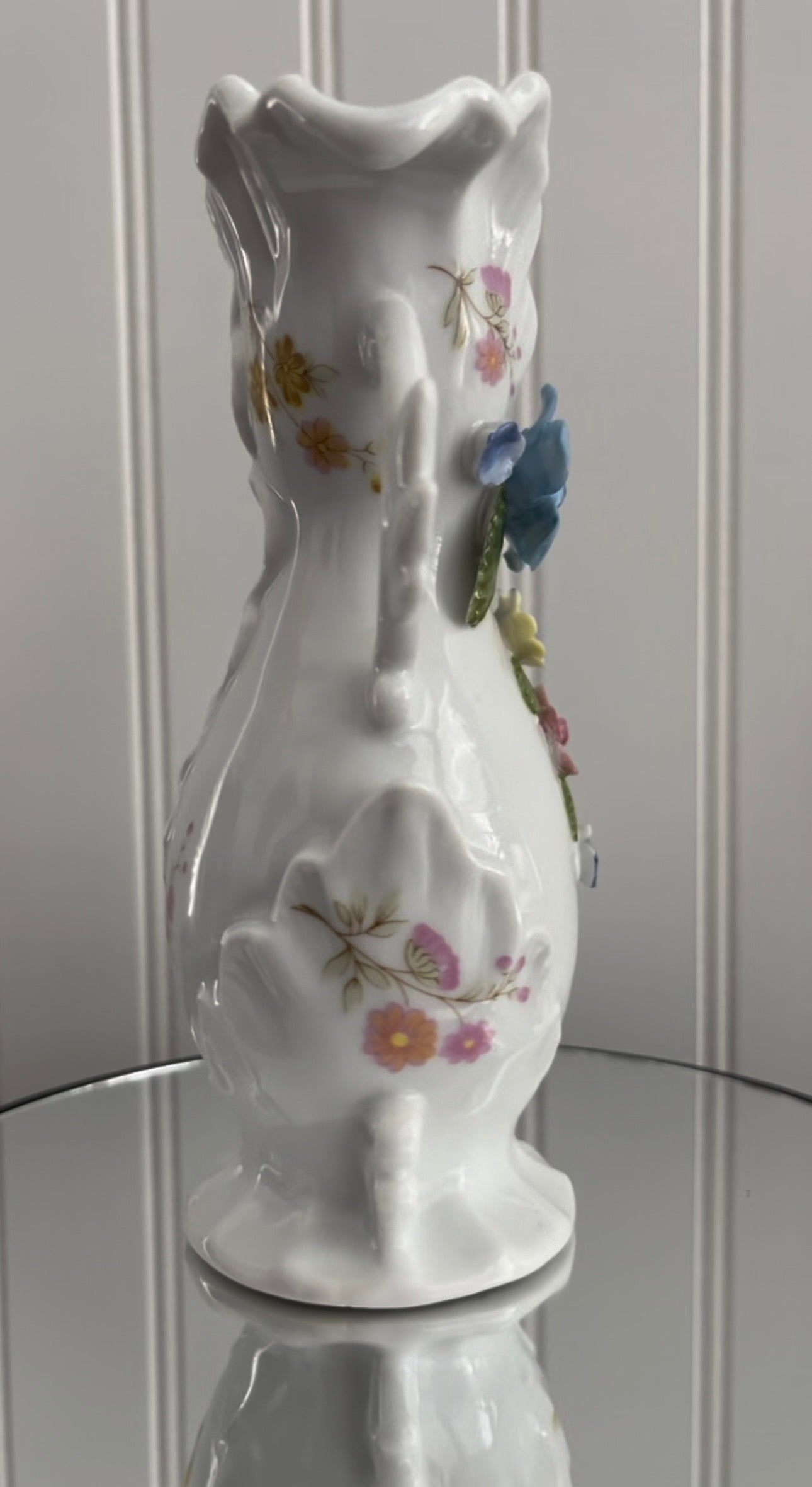 Vintage Victorian Style Fancy Double Handled White Porcelain Vase with 3D Hand-Painted Capodimonte Style Flowers -