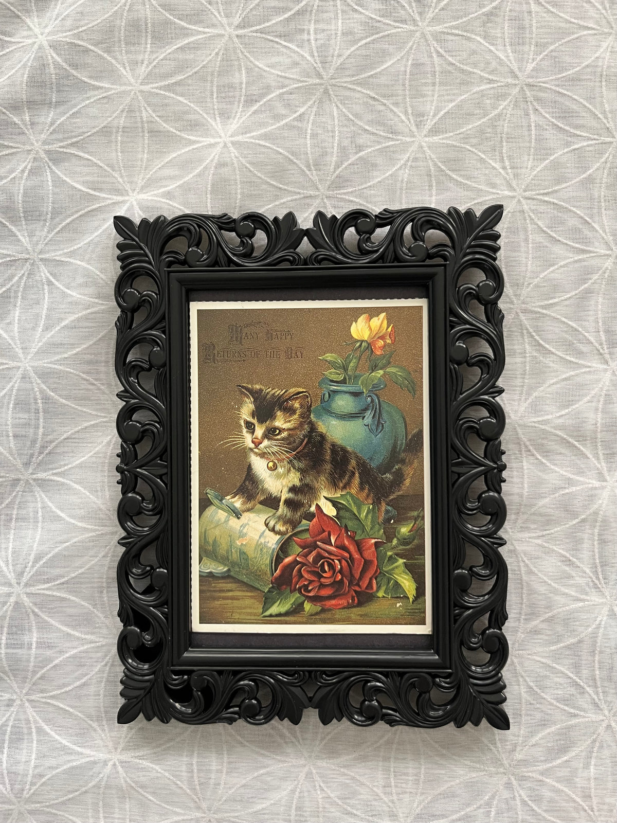 Circa 1970s Victorian/Edwardian Reproduction revival Kitten Postcard in Ornate Scroll Black Plastic Frame | “A Little Bundle of Love” Cat Art