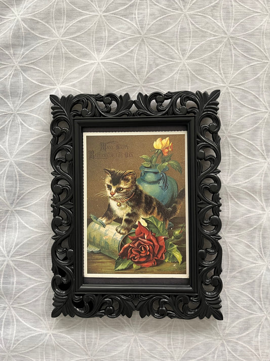 Circa 1970s Victorian/Edwardian Reproduction revival Kitten Postcard in Ornate Scroll Black Plastic Frame | “A Little Bundle of Love” Cat Art