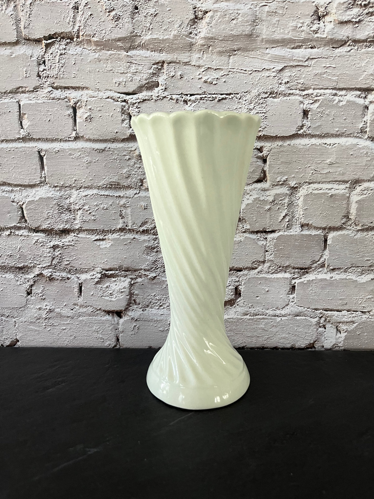 Vintage C. 1990’s * Pale celadon / soft spring  Green Spiral Ceramic Vase – Scalloped Rim Floral Bud Vase – 7”