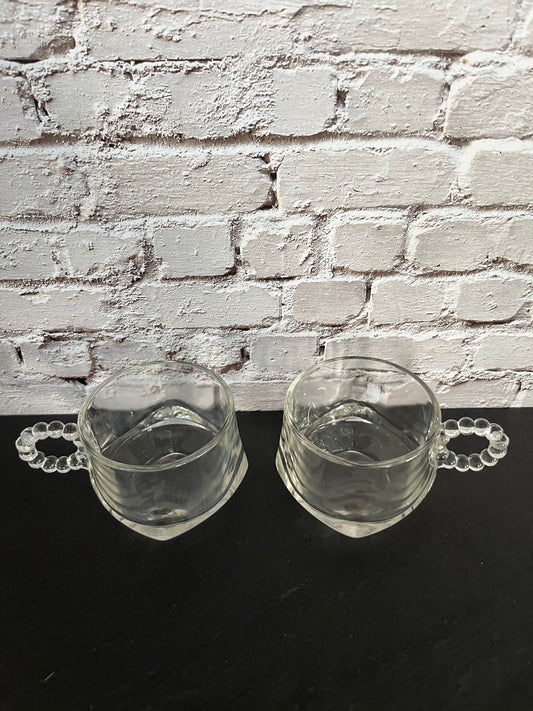 1940s Hazel Atlas Orchard Crystal Punch Bowl Cups – Bubble Handle Beaded Glass (Set of 2)