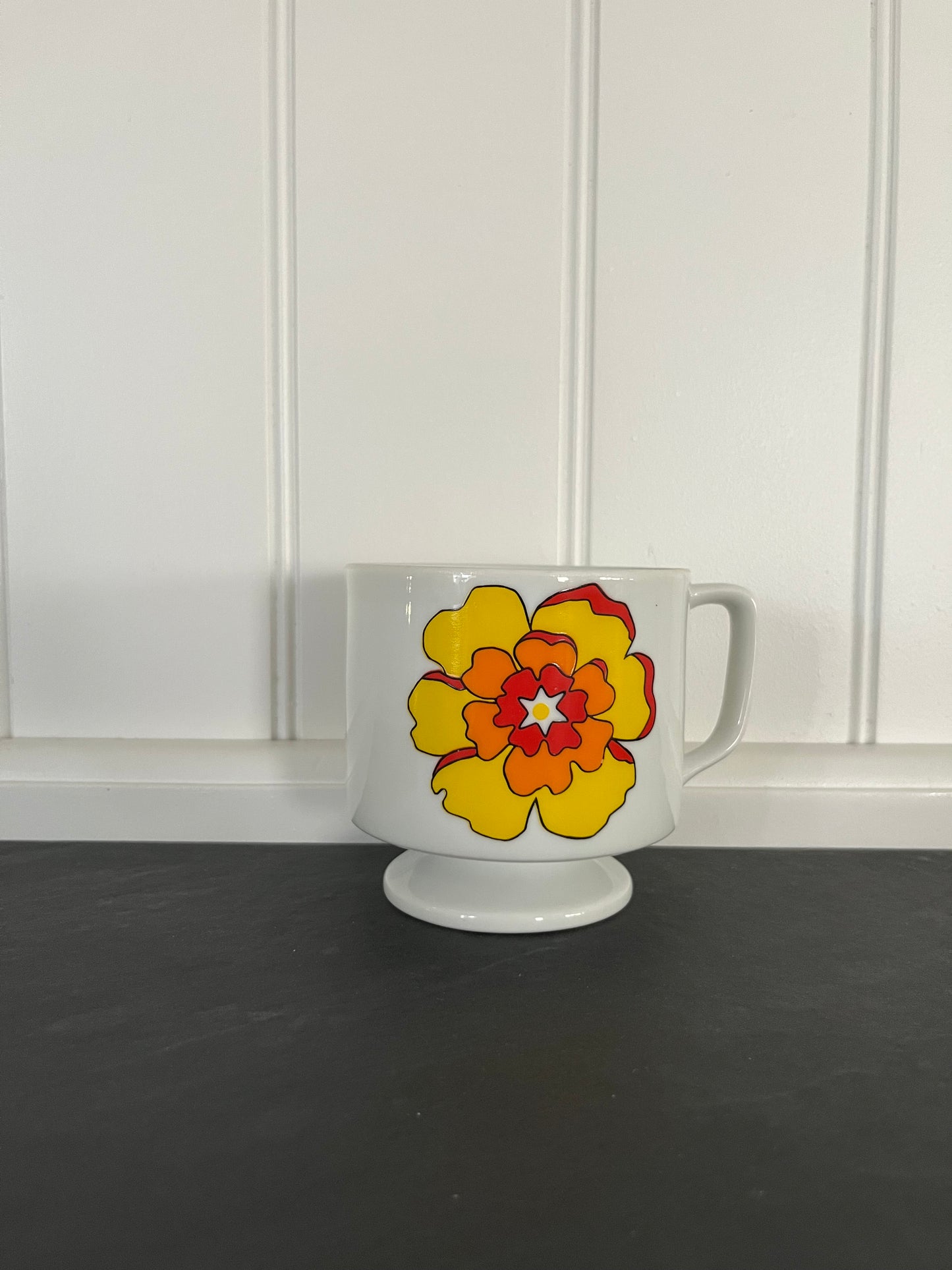 Vintage  1970s Mod Flower Pedestal Mug – Bright Yellow & Red Bloom