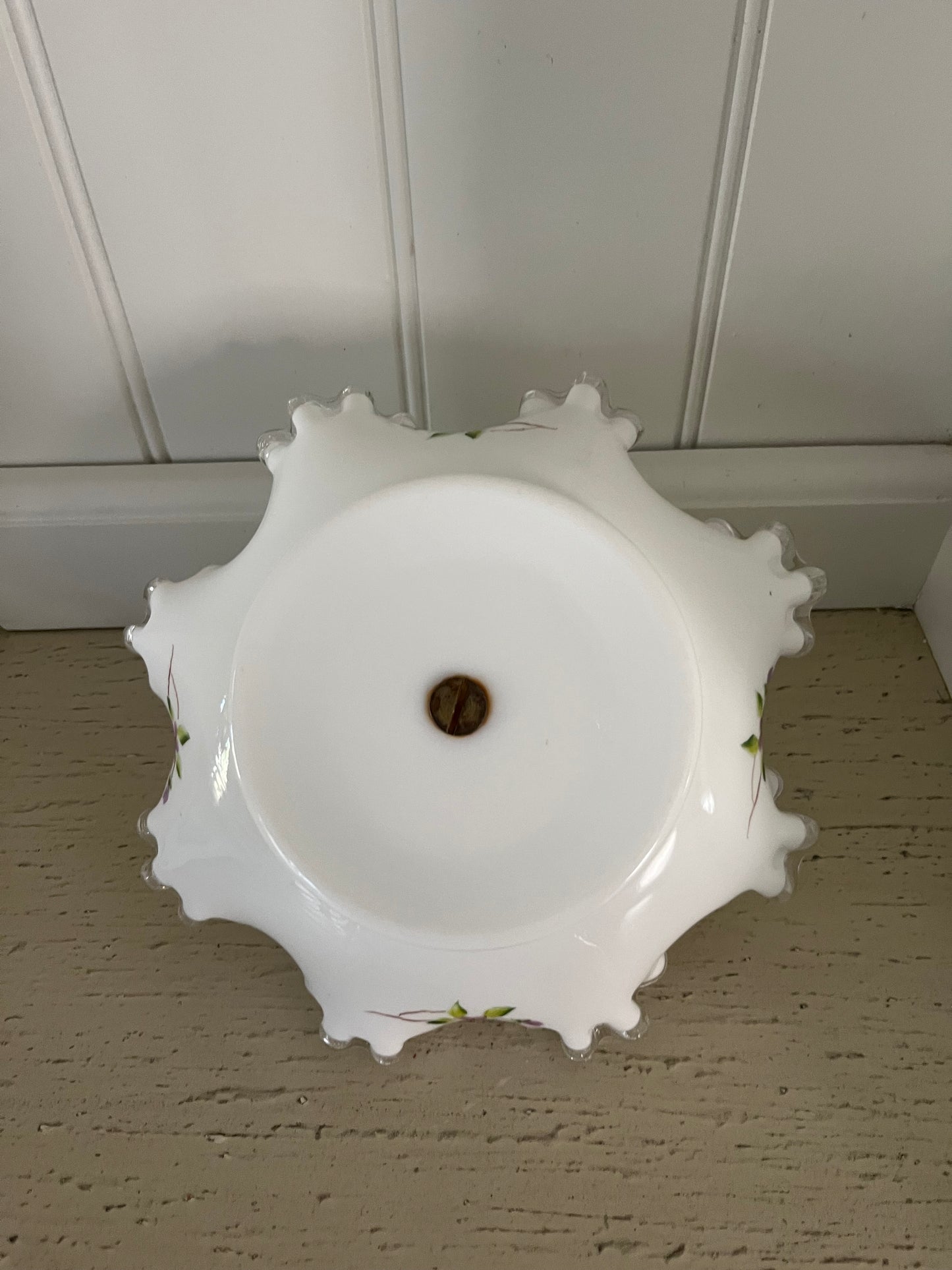 Vintage c 1960’s Fenton-Style Unmarked Silver Crest Milk Glass Tidbit Tray with Violet Floral Detail & Metal Handle | Ruffled Bon Bon Candy Dish / Vanity Tray