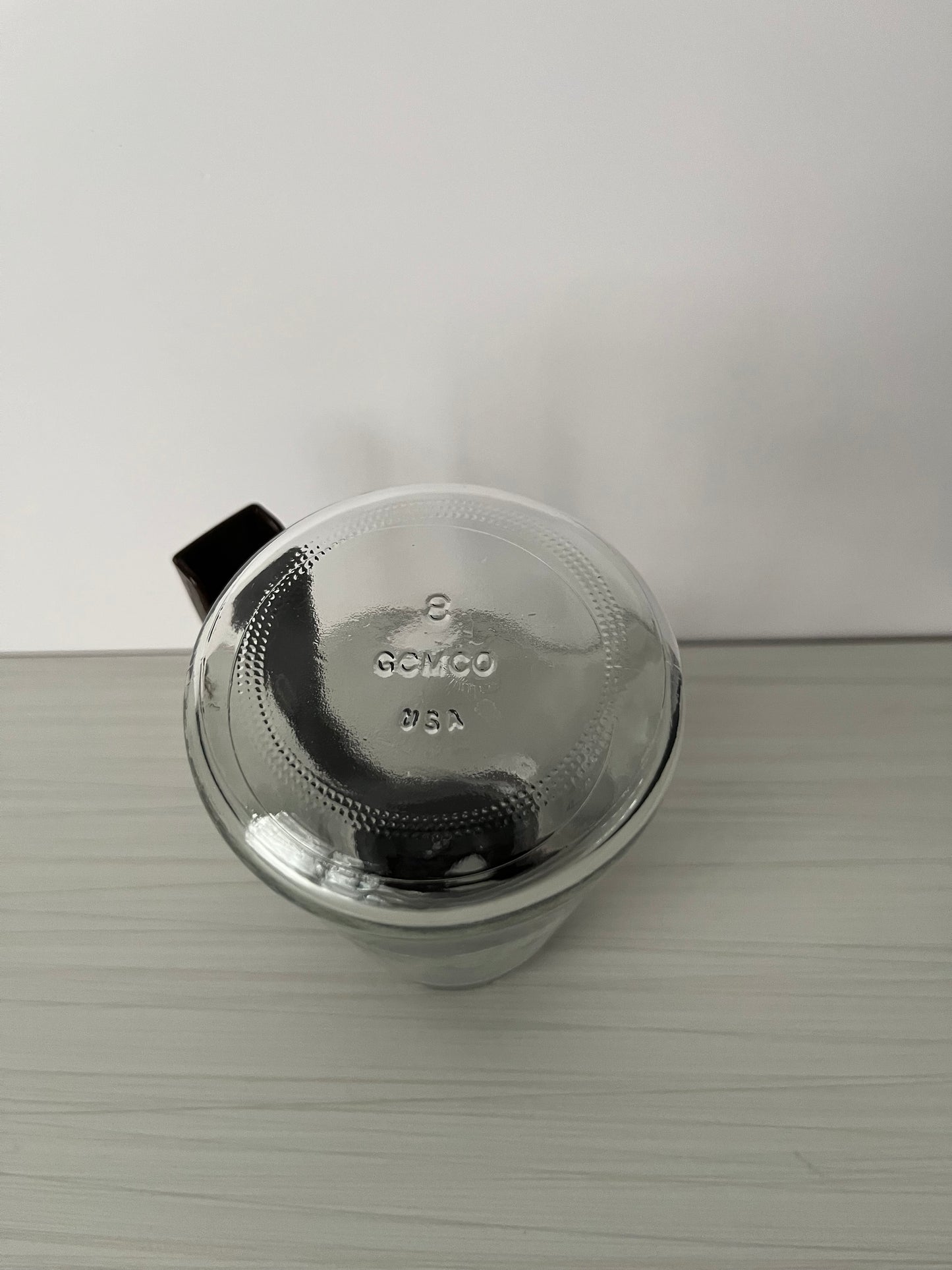 Vintage 1970s Gemco USA Clear Glass Dripless Syrup Pitcher – Brown Plastic Lid – 5” Tall