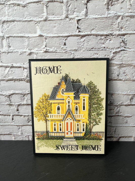 Vintage “Home Sweet Home” Cottage Wall Plaque – Yellow Victorian House Mounted Print on Fiberboard, Cottagecore Decor (1980s–1990s)