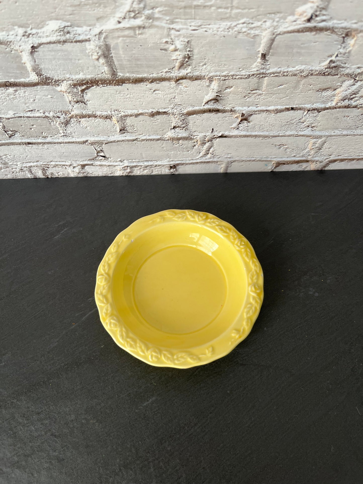 Vintage Yellow Ceramic Trinket Dish Embossed Rim Cottage Farmhouse Ring Dish 1960s
