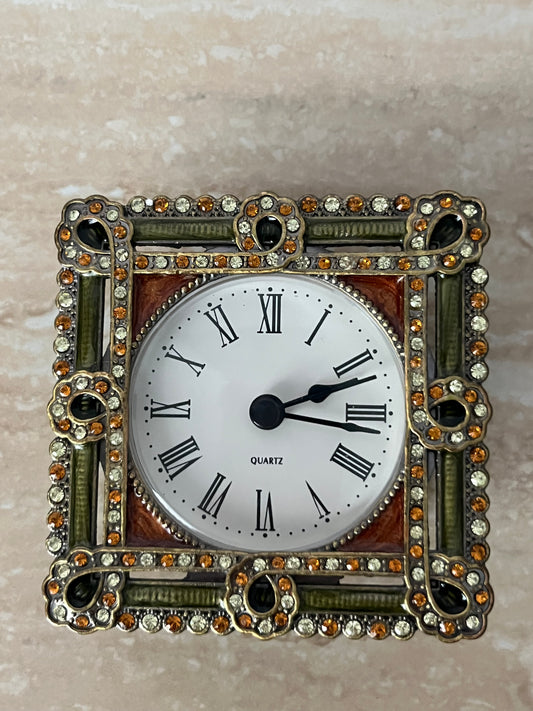 1990s Vintage Art Deco Style Jeweled Vanity Clock – Ornate Rhinestone Desk / Table Clock with Roman Numerals