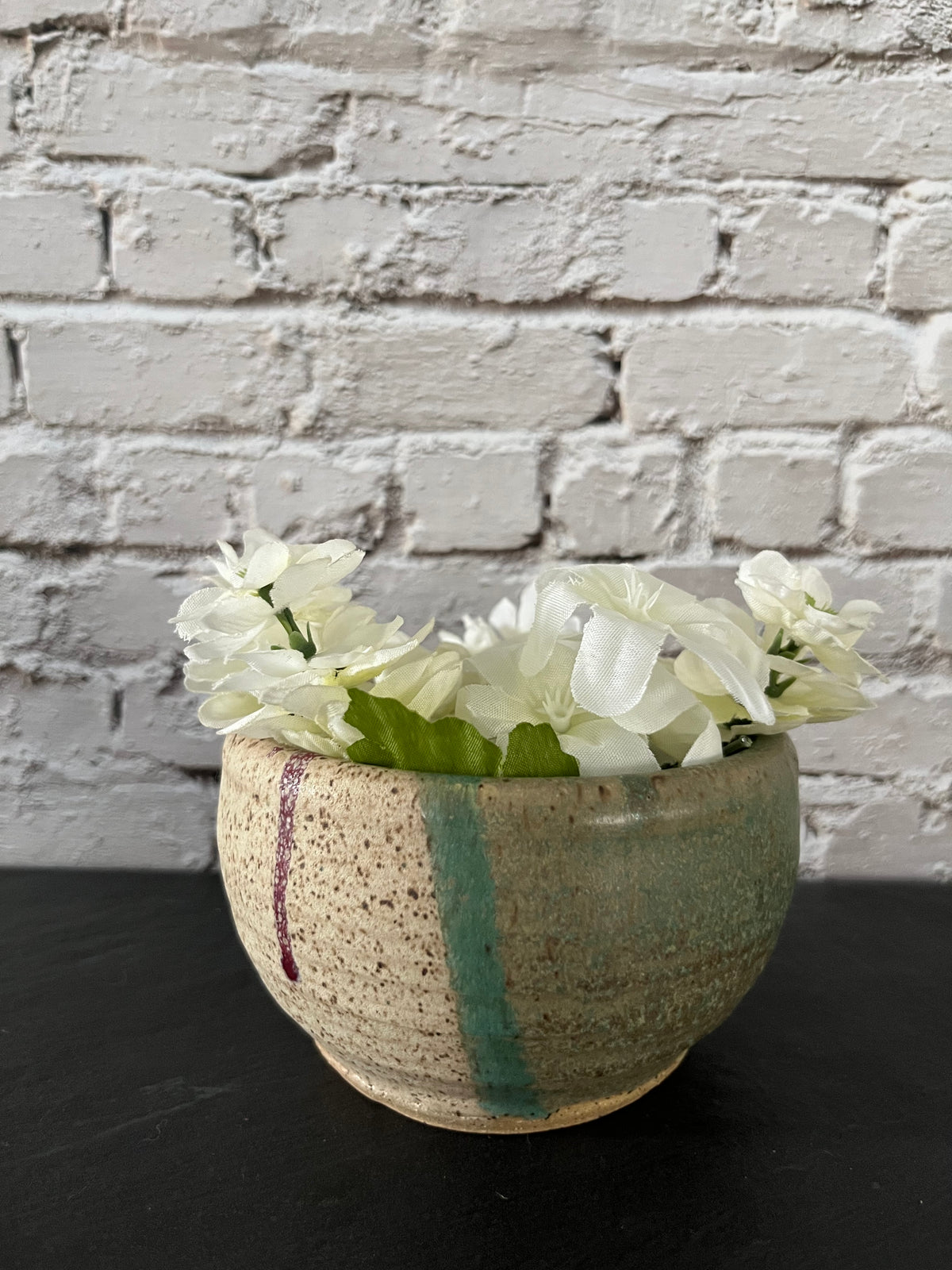 Vintage c1970s Signed Studio Pottery Bowl, Vessel | Green & Speckled Cream Handmade Ceramic