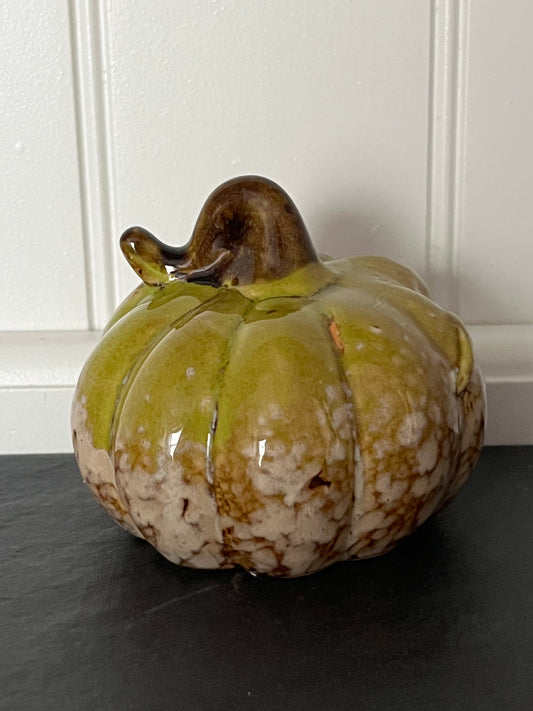 Vintage 1980s–1990s Hand-Glazed Ceramic Mini Pumpkin Gourd Figurine – Moss Green & Brown Drip Glaze Decor