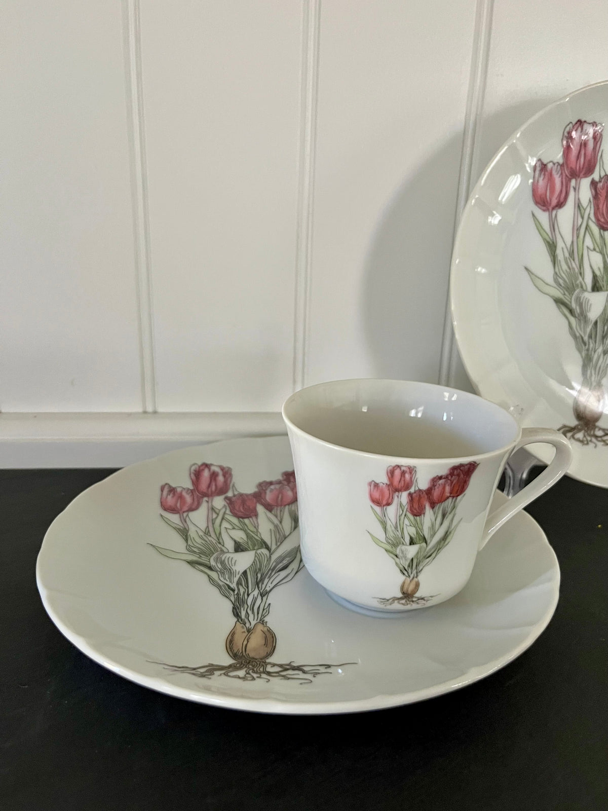 2 Vintage Pink Snack Plate & 1 Tea Cup Set Tulip by SEYMOUR MANN Botanical Modern Fine China
