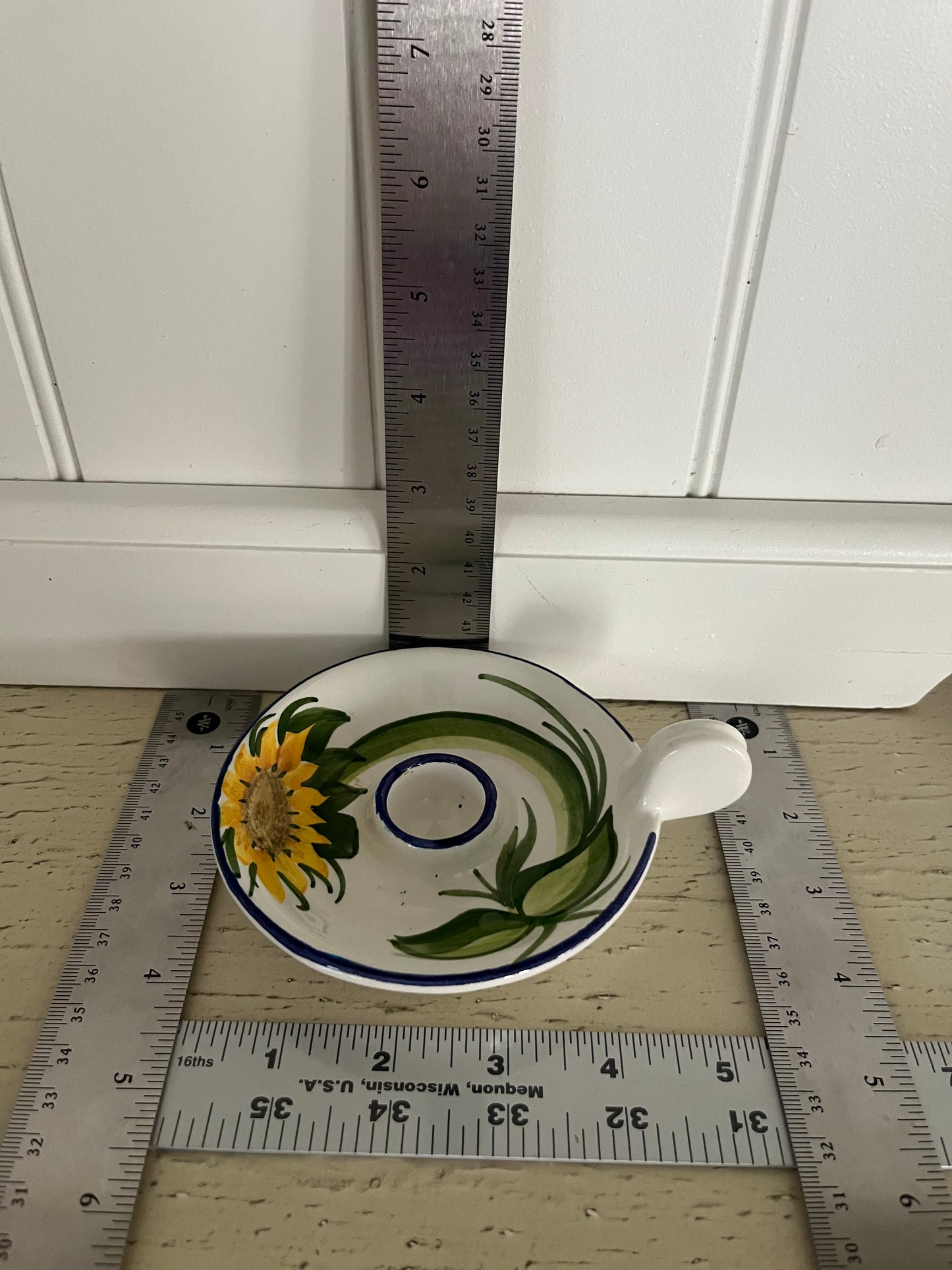 Vintage c. 1990s  Italian Sunflower Chamberstick Candle Holder Hand Painted Pottery