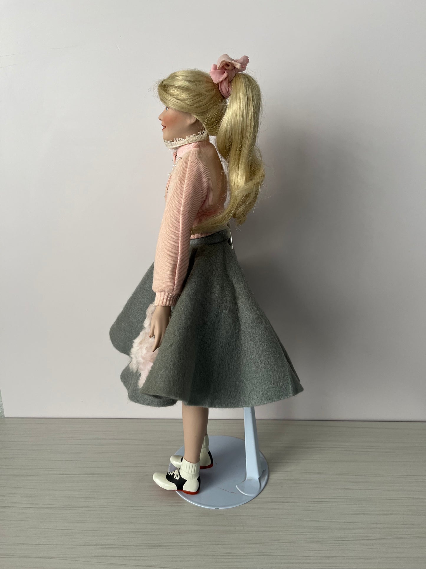 Vintage 1991 “Peggy Sue” Porcelain Collector Doll by Edwin M. Knowles – 16” Tall with Poodle Skirt & Pink Cardigan