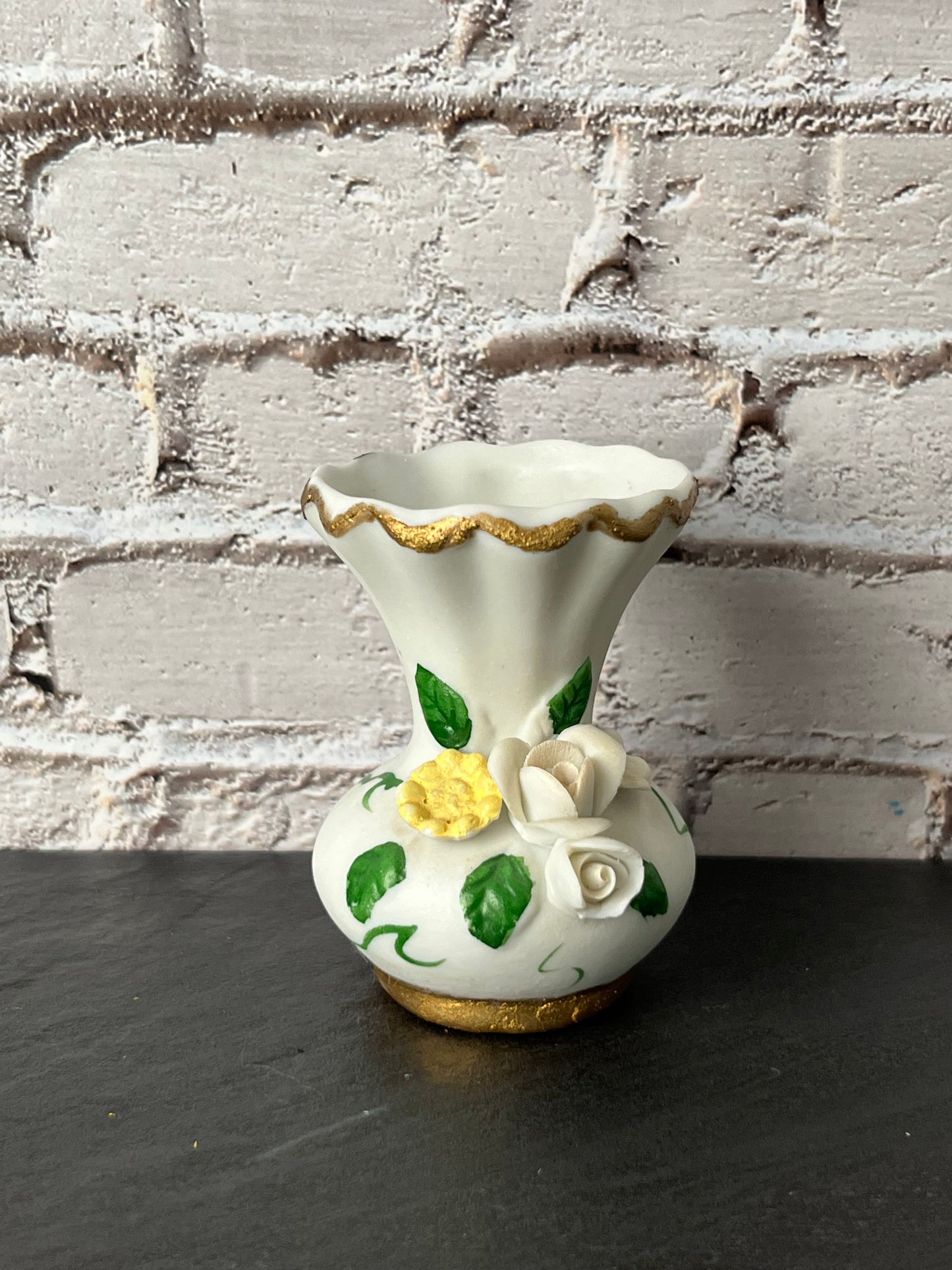 Vintage 1970s Mini Floral Vase White bisque Porcelain Bud Vase with Capodimonte style applied Roses – Made in Taiwan Gold Trim
