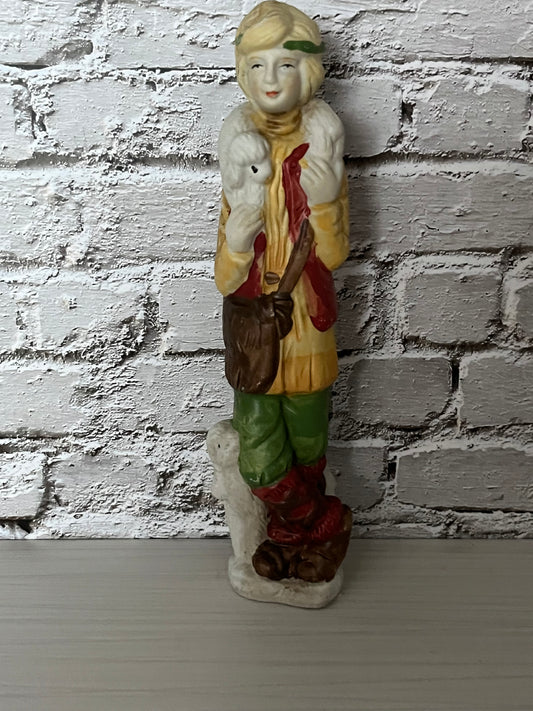 Retro 1995 Depression-Era Aesthetic “Winter Child” Figurine with Lambs — Hand-Painted Collectible Decor
