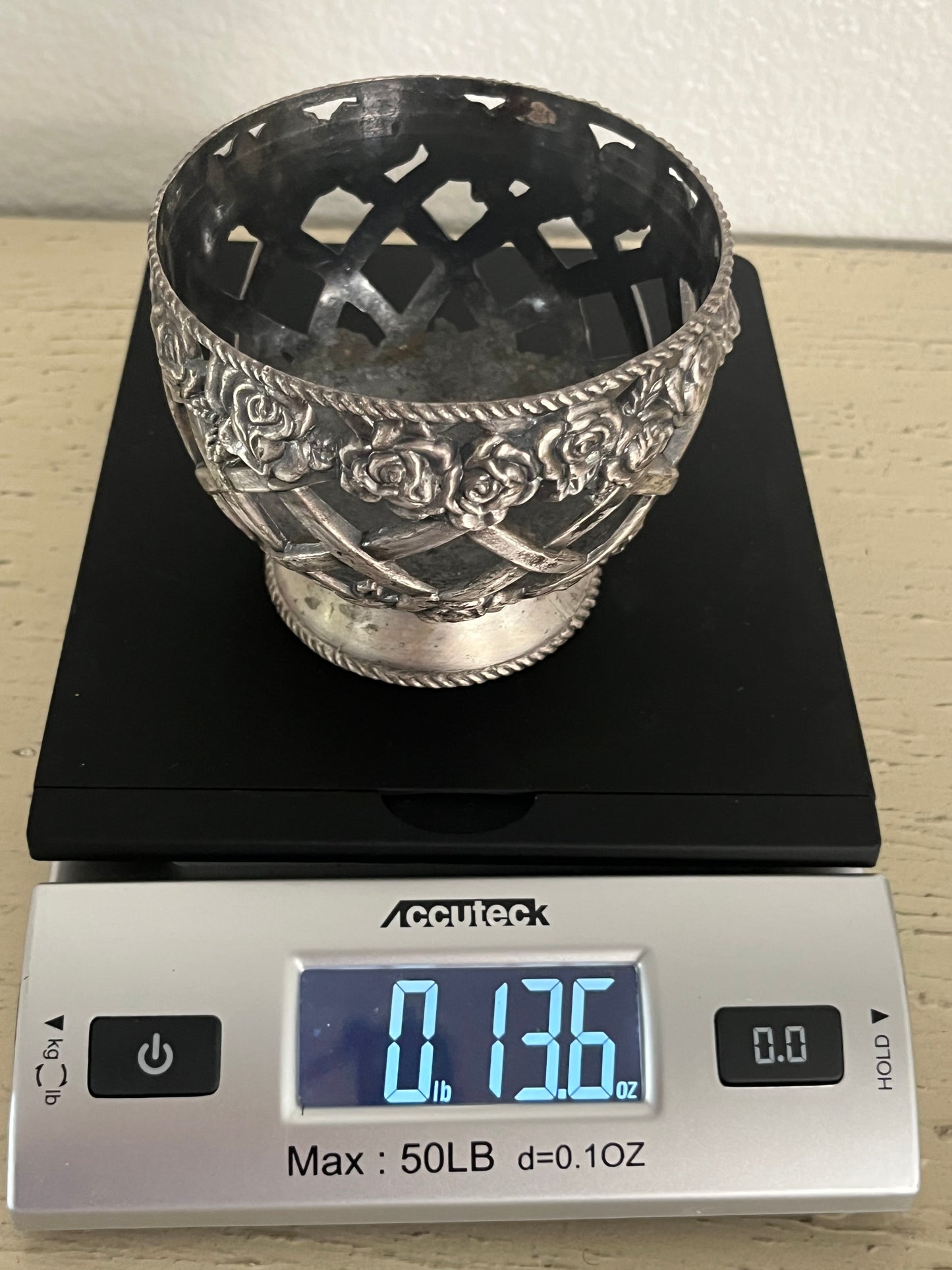 Vintage Rose Lattice Pewter Votive Candle Holder | Heavy Regency Floral Candle Cup (c. 1960s–1970s)