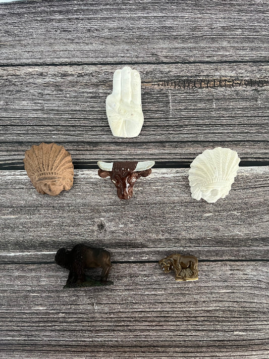 4 Vtg Bolo plaster Neckerchief Tie Slides - Boy Scouts,   2 Indian Head, Bull, BoyScout sign & 2 mini Buffalo
