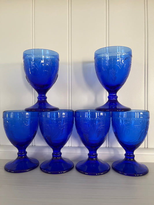 Vintage 1970s Cobalt Blue Pressed Glass Goblets Grapevine & Leaf Motif – Set of 6