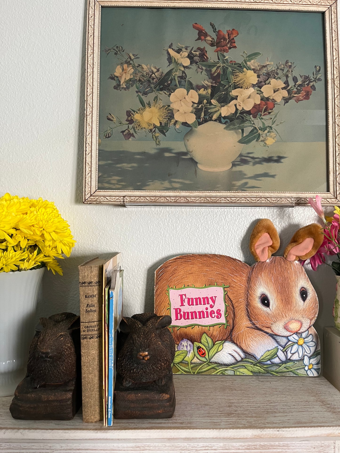 1990’s Heavy Cast Stained Bronze style Copper Tone Resin Vintage Bunny Rabbit Bookends - Mid Century Woodland Brown Bunny Rabbits Bookends