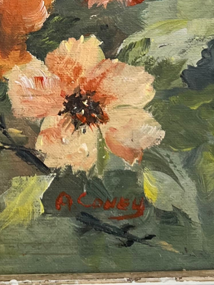 Vintage Original Orange Poppies In Green Still life  Oil Painting in White Weathered Frame Wall Art 13x17”