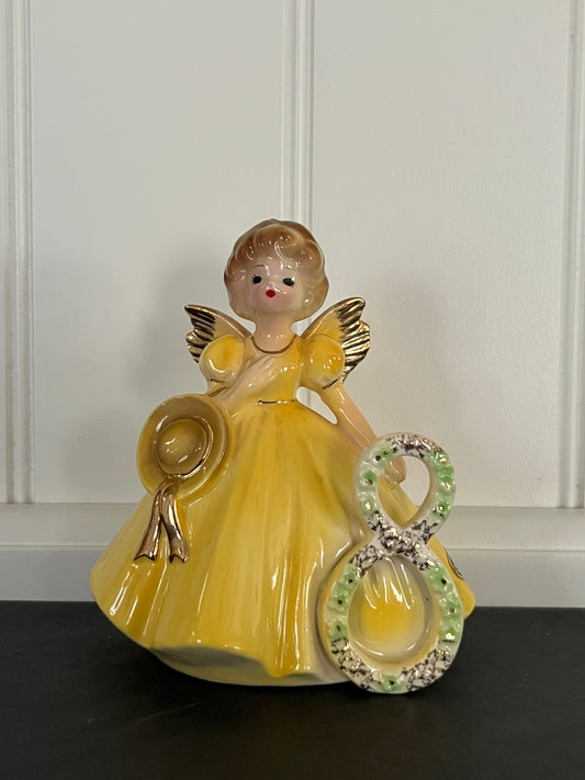 Vintage 1970s Josef Originals Age 8 Birthday Angel Figurine – Yellow Dress Porcelain Girl – Japan Ceramic Birthday Keepsake