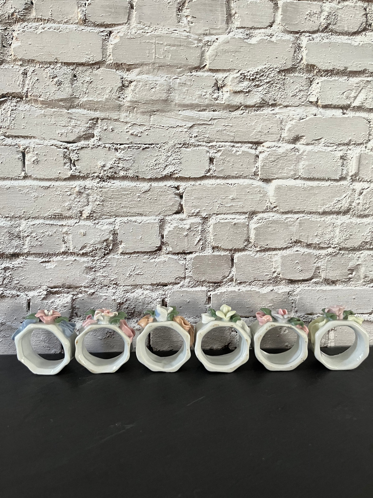 Vintage 1980s Glazed Porcelain Sculpted Floral Napkin Rings – Set of 6 Pastel 3D Flowers & Ribbons