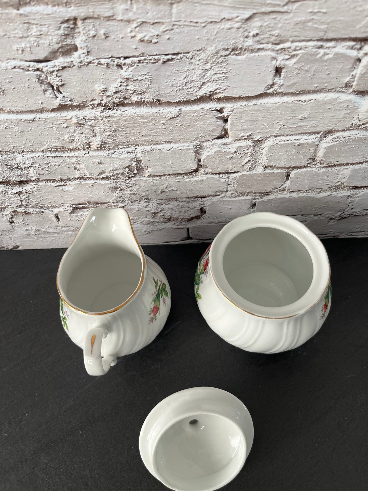 Vintage 1990s Lynns Fine China Rose Creamer & Lidded Sugar Bowl Set – Embossed Ivory with Gold Trim