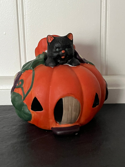 Vintage 2002 Avon Luminous Treasures Autumn Glow Black Cat Pumpkin House Tealight | Halloween Shelf & Trinket Display Décor