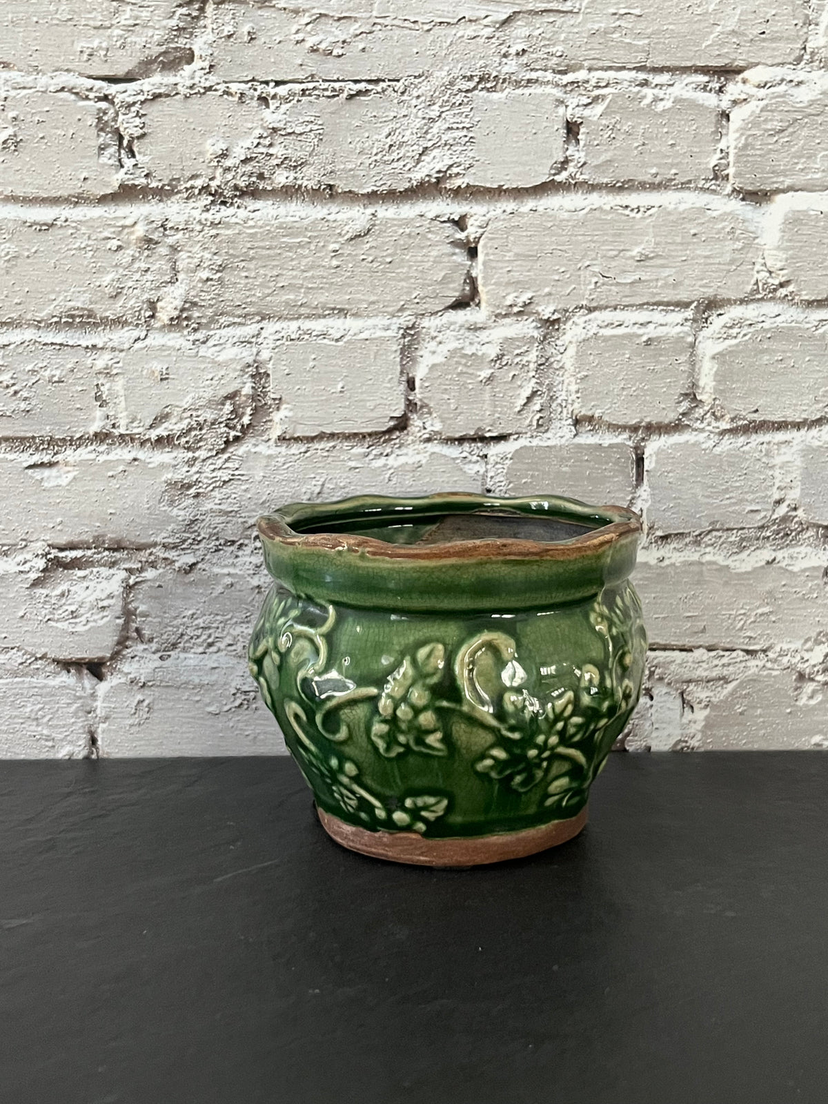 Vintage Style Green Glazed Ceramic Planter | Raised Floral Vine Design | Small Cottage Garden Pot | 3” Tall