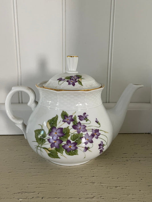Vintage 1970’s Thun Czechoslovakian Karlovarsky Victorian Violets Porcelain Floral Teapot with Lid