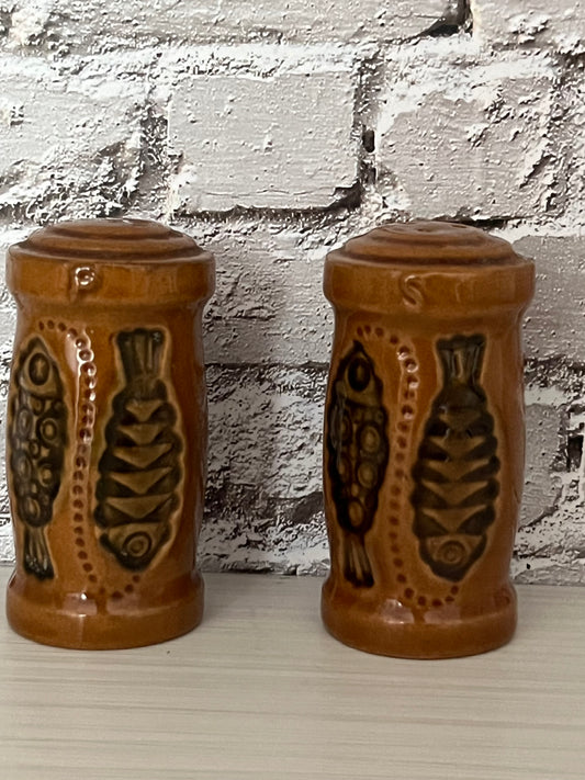 Retro Brown Ceramic Fish-Motif Salt & Pepper Shakers (c. 1970s)