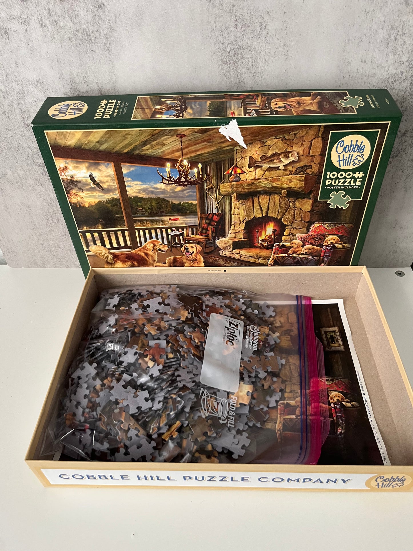 2010s  Vintage style Cobble Hill “Lakeside Cabin” 1000-Piece Jigsaw Puzzle – Golden Retriever Lodge Scene – Complete with Poster