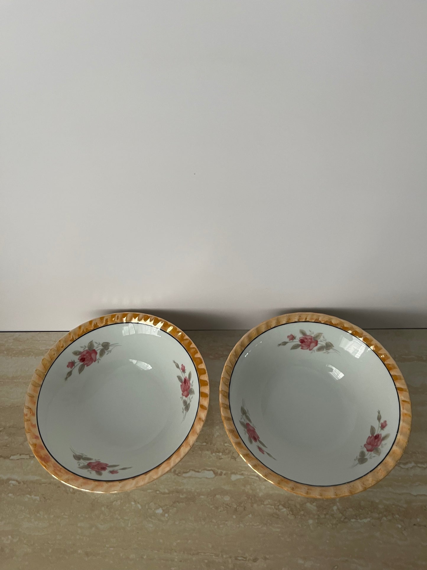 Vintage 1950s Japanese Porcelain Dessert Bowls with Pink Rose Sprays & Amber Scalloped Rim – Set of 2 Floral Cottage China Bowls