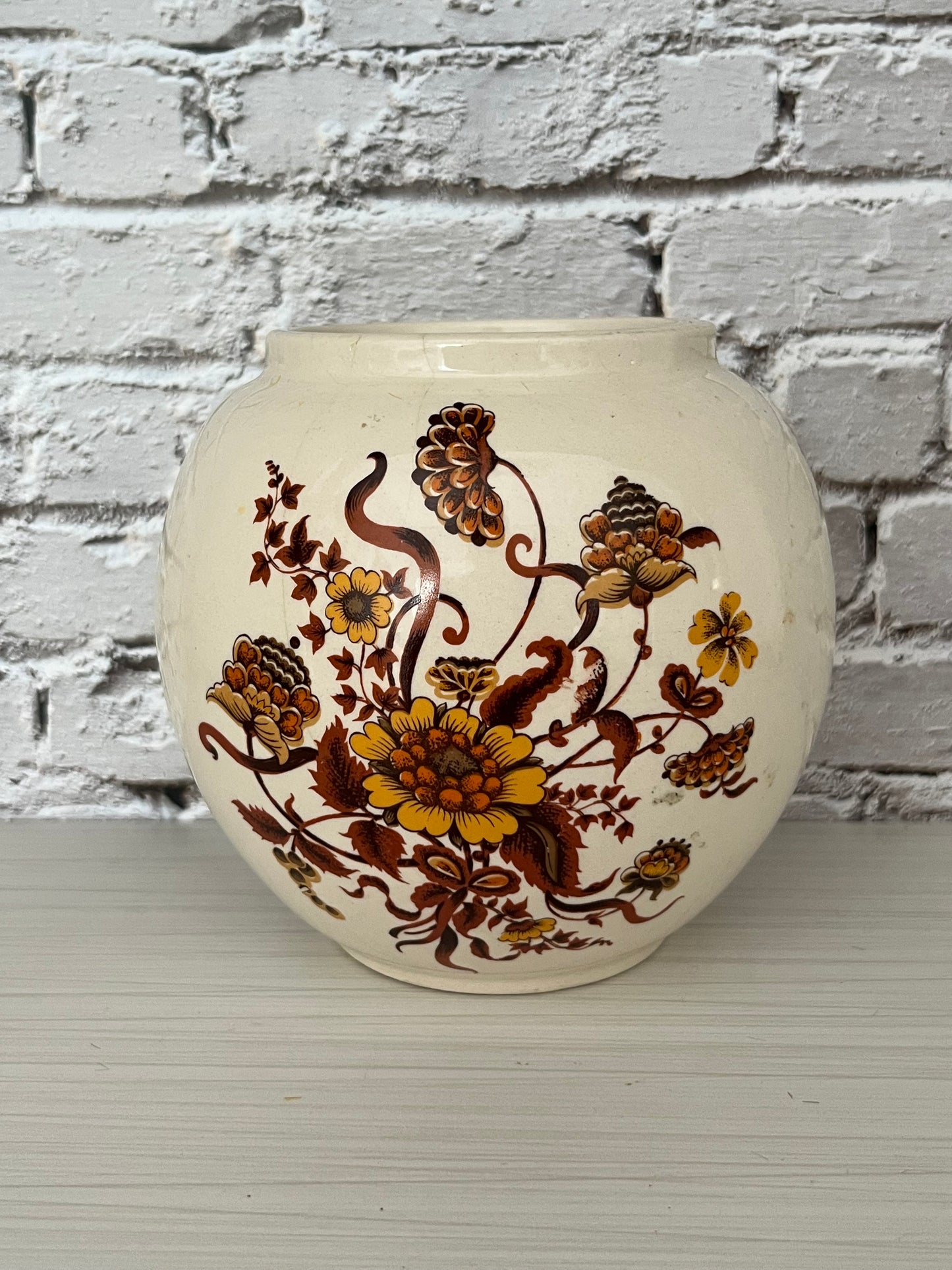 Vintage 1960s–1970s Sadler England Floral Ironstone Ginger Jar Vase (No Lid)  – Brown & Mustard Chintz, 5”