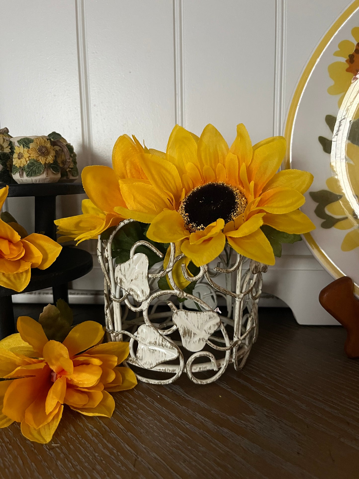 Vintage Shabby Chic Scrollwork Metal Basket Planter – Distressed White Ivy Vine Motif (c. 1990s-2000s)