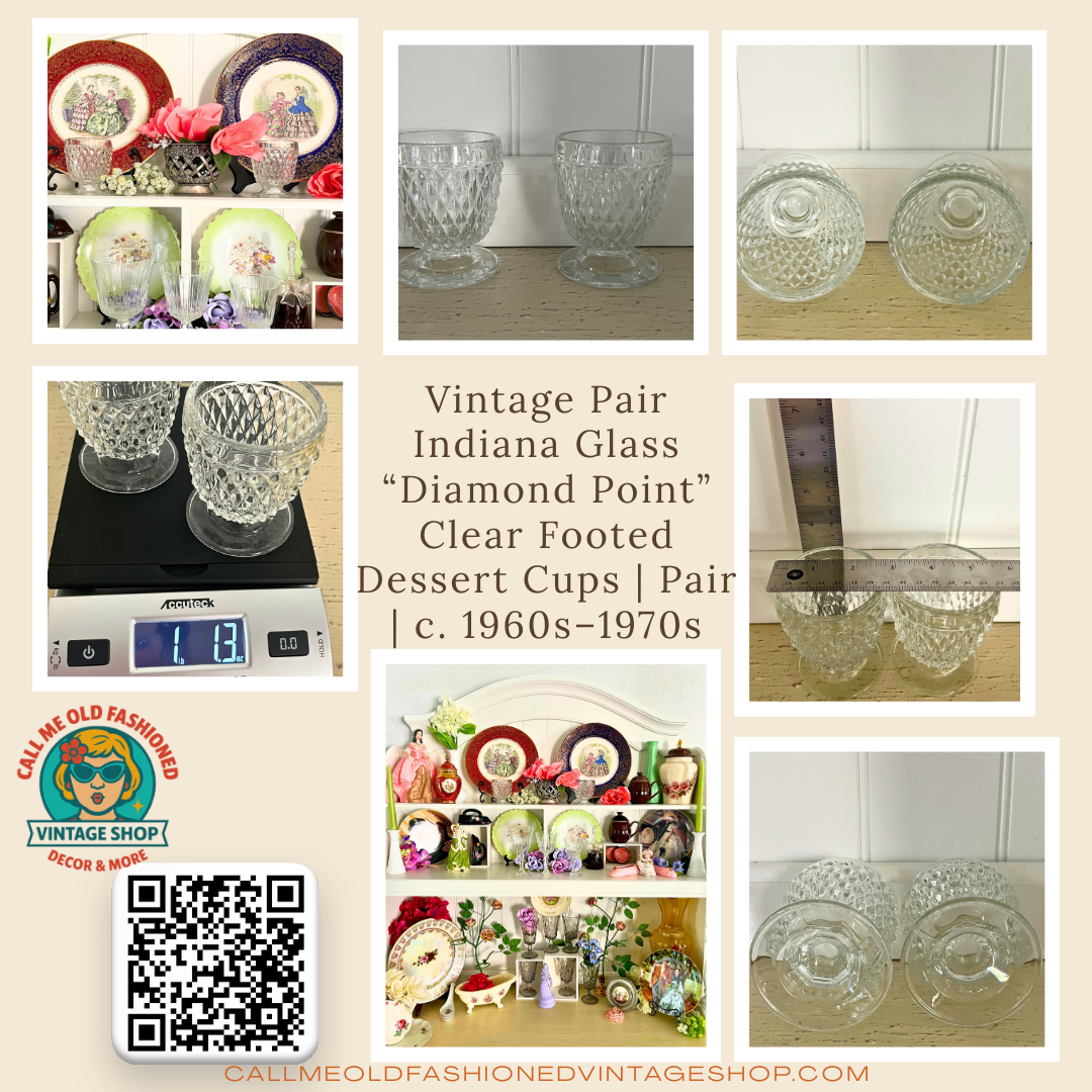 Vintage Pair Indiana Glass “Diamond Point” Clear Cut Footed Dessert Cups | Pair | c. 1960s–1970s