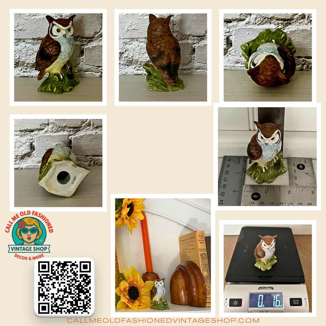Retro Lefton-Owl Figurine on Branch – Hand-Painted Ceramic (c. 1970s–1980s)