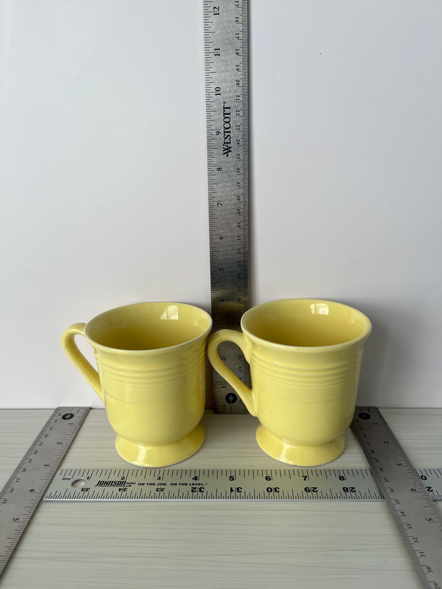 1990s Gibson Everyday Yellow Pedestal Coffee Mugs – Set of 2 Ribbed Footed Stoneware Cups