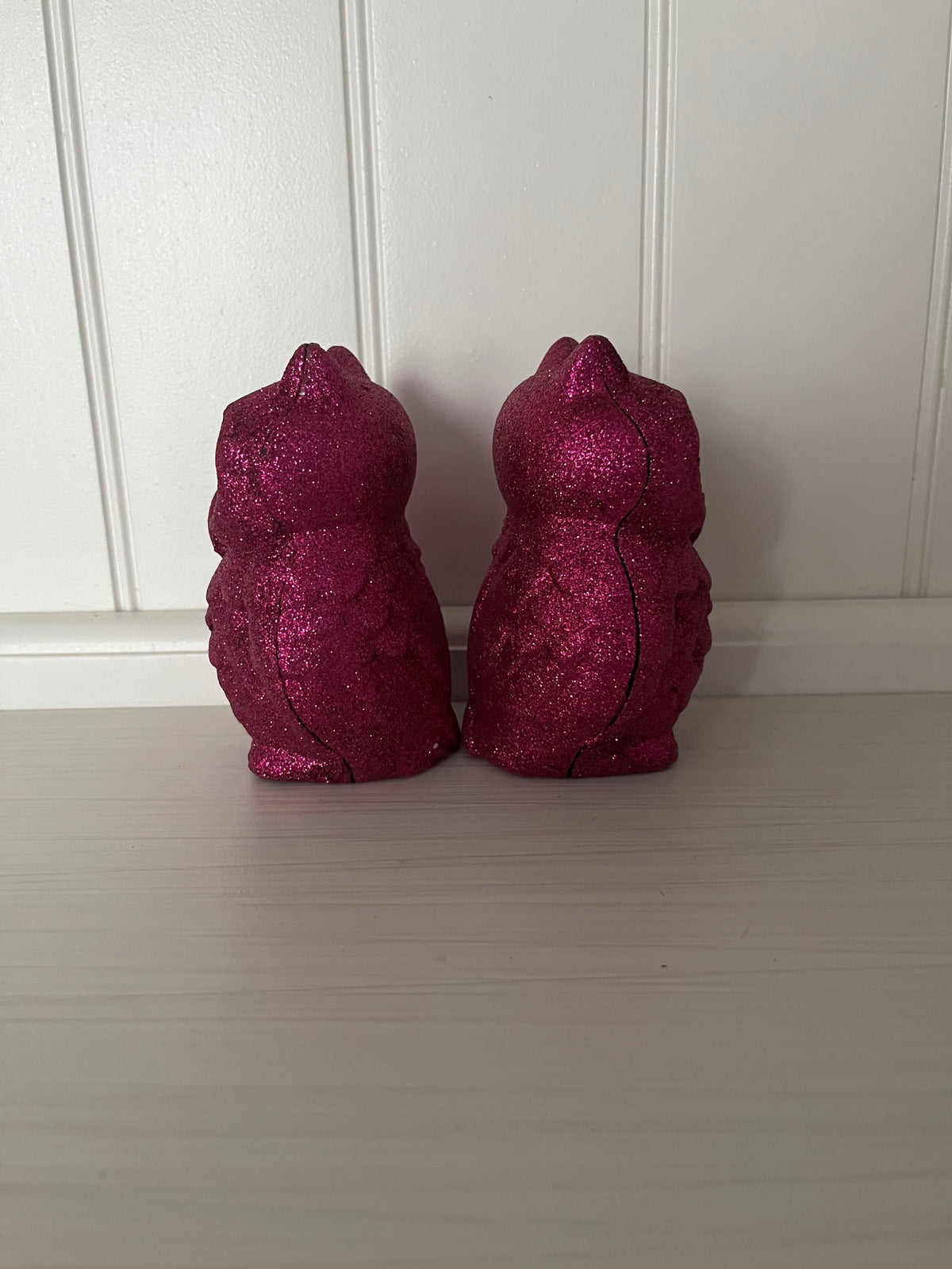 Pair of Glitter Magenta Pink Light-Up Owl Figurines ,  Halloween Décor