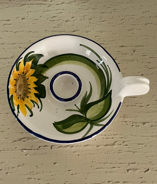 Vintage c. 1990s  Italian Sunflower Chamberstick Candle Holder Hand Painted Pottery