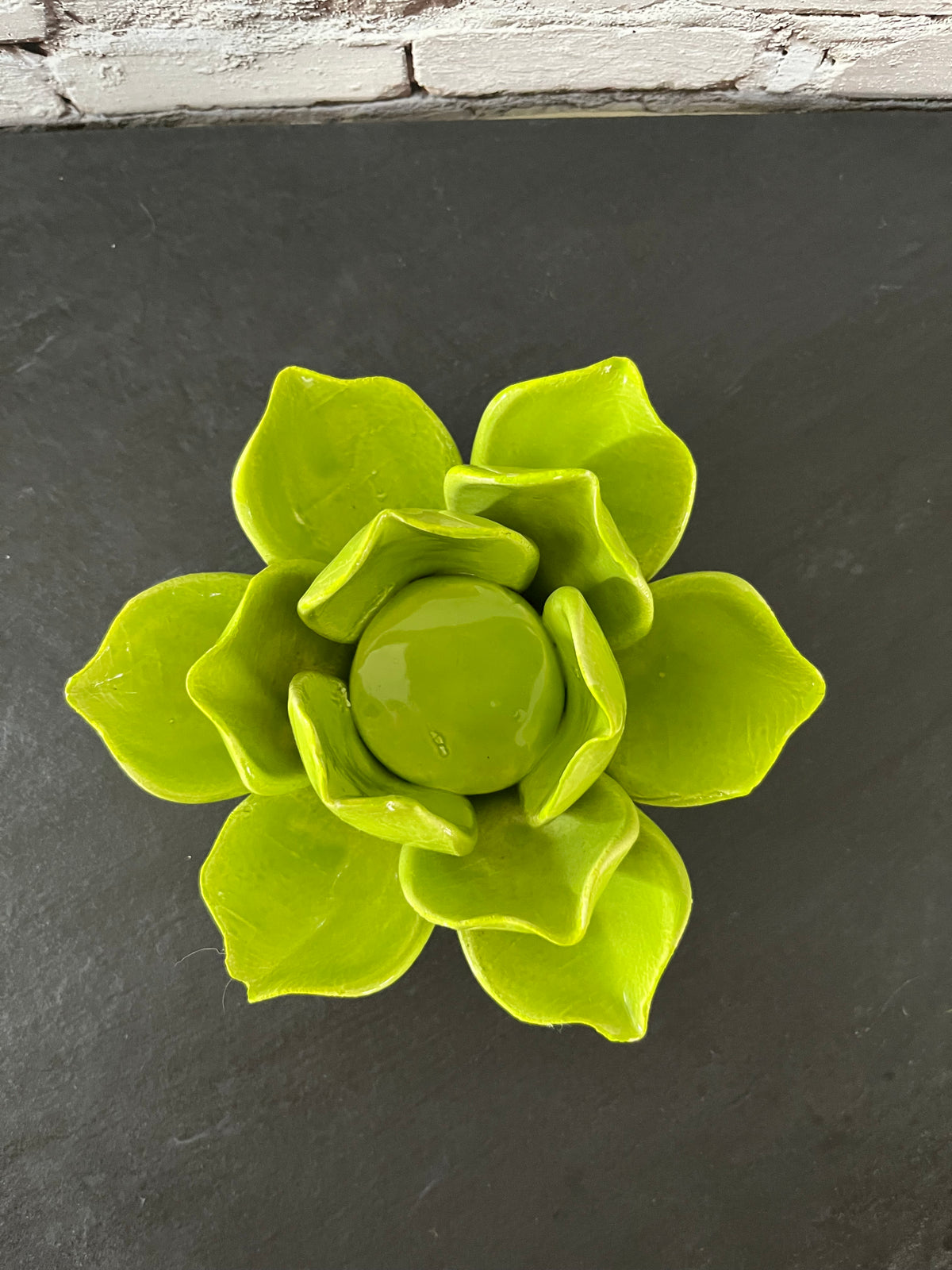 Vintage Style Chartreuse Lime Green Ceramic Lotus Flower Tealight Holder | Sculptural Botanical